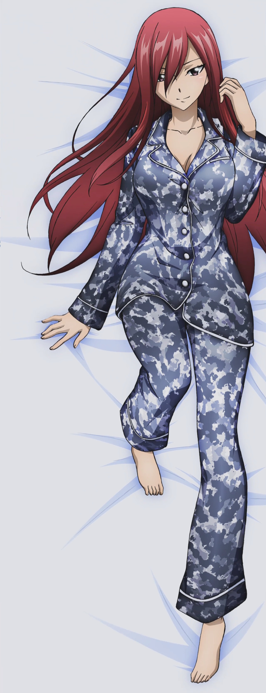 1girl barefoot breasts cleavage dakimakura erza_scarlet fairy_tail feet full_body large_breasts official_art pajamas redhead screencap smile solo stitched