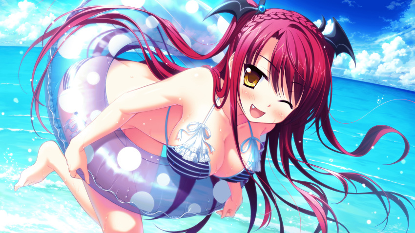 1girl ;d beach bent_over bikini blush braid breasts cleavage clouds fang game_cg hanging_breasts head_wings highres innertube long_hair looking_at_viewer luce_yami_asutarite magical_marriage_lunatics!! ocean one_eye_closed open_mouth redhead sky smile solo striped striped_bikini striped_swimsuit swimsuit very_long_hair water wet wink yamakaze_ran yellow_eyes