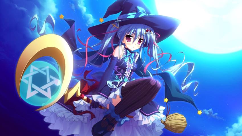 1girl blue_hair dress game_cg hat lilina long_hair magical_marriage_lunatics!! moon moonstone night ribbon staff thigh-highs twintails violet_eyes witch witch_hat yamakaze_ran