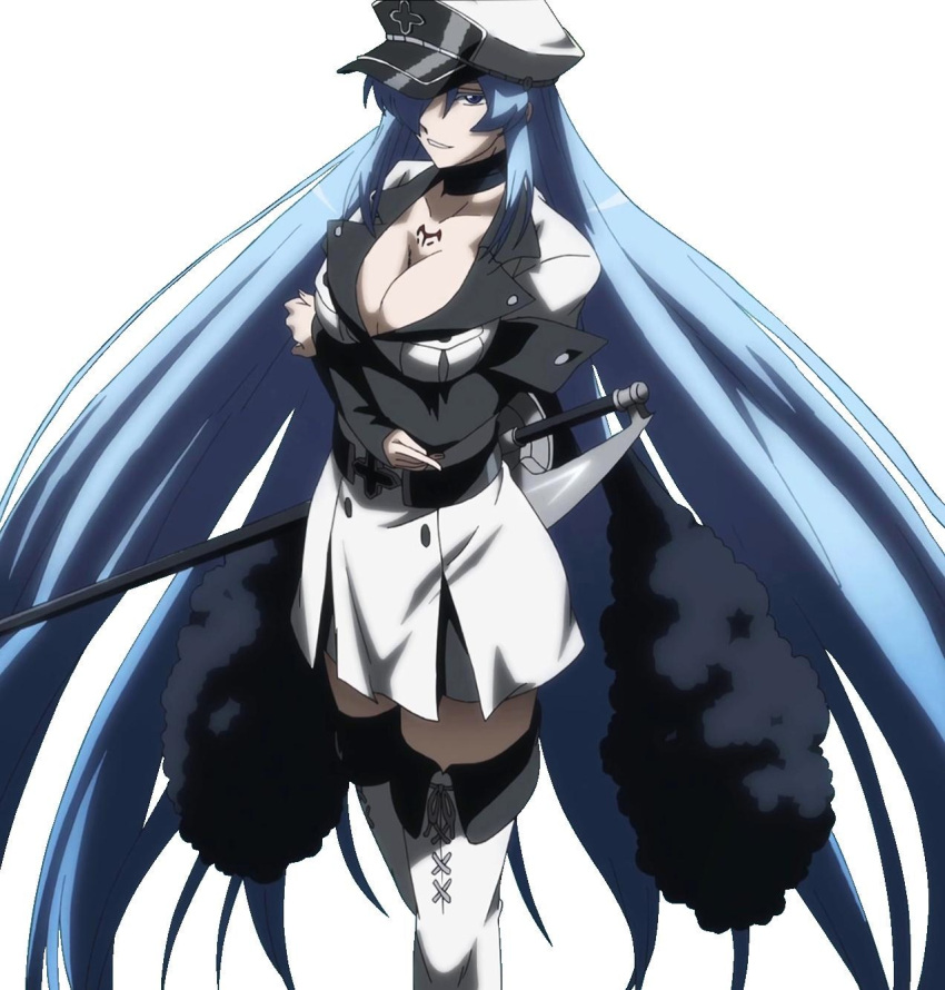 1girl akame_ga_kill! aqua_hair blue_eyes blue_hair boots breasts cleavage esdeath hair_over_one_eye hat highres large_breasts long_hair looking_at_viewer military military_uniform peaked_cap simple_background skirt solo standing sword thigh-highs thigh_boots thighs uniform very_long_hair weapon white_background white_legwear