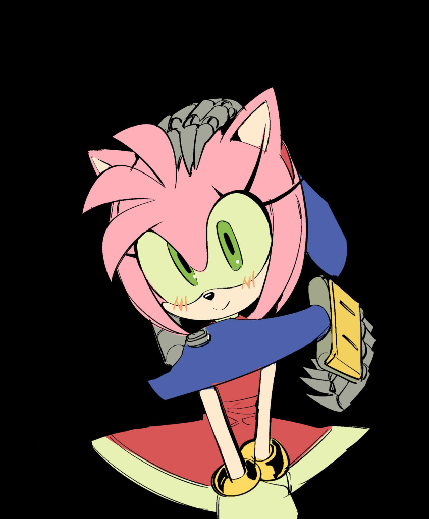 1boy 1girl amy_rose arm_around_shoulder armor bare_shoulders blue_armor blush bracelet clueless dress fake_claws gloves green_eyes hairband hand_on_another's_head head_tilt hedgehog_ears hedgehog_girl highres hug hug_from_behind jewelry long_eyelashes looking_at_viewer mechanical_arms metal_sonic mojunpwo own_hands_together pink_fur pink_headwear possessive red_dress red_hairband robot short_hair sleeveless sleeveless_dress smile solo_focus sonic_(series) white_gloves