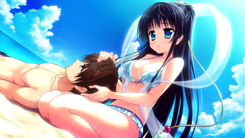 1girl bangs bare_legs bare_shoulders barefoot beach bikini black_hair blue_bikini blue_eyes blush breasts cleavage clouds collarbone floral_print game_cg hair_ornament large_breasts long_hair lying magical_marriage_lunatics!! mitsu_no_tama_yori_hime navel o-ring_bottom on_side open_mouth ponytail sky swimsuit thermos thigh_gap very_long_hair wet yamakaze_ran