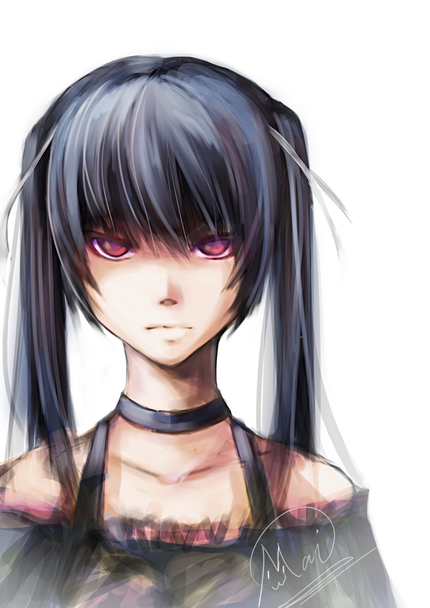 1girl black_hair closed_mouth collarbone female long_hair looking_at_viewer original red_eyes shou_mai solo twintails white_background