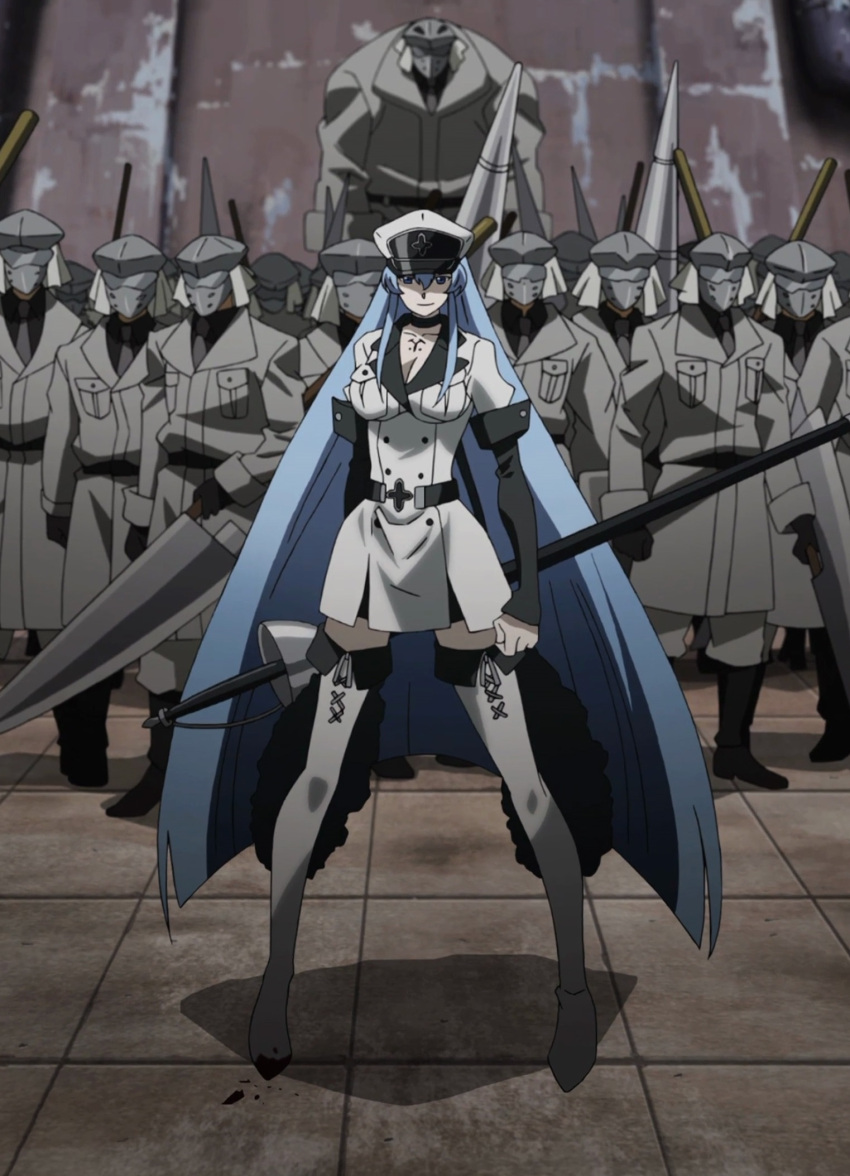 1girl akame_ga_kill! blue_eyes blue_hair breasts esdeath hat highres large_breasts long_hair looking_at_viewer skirt smile square_enix standing stitched sword tattoo uniform very_long_hair weapon