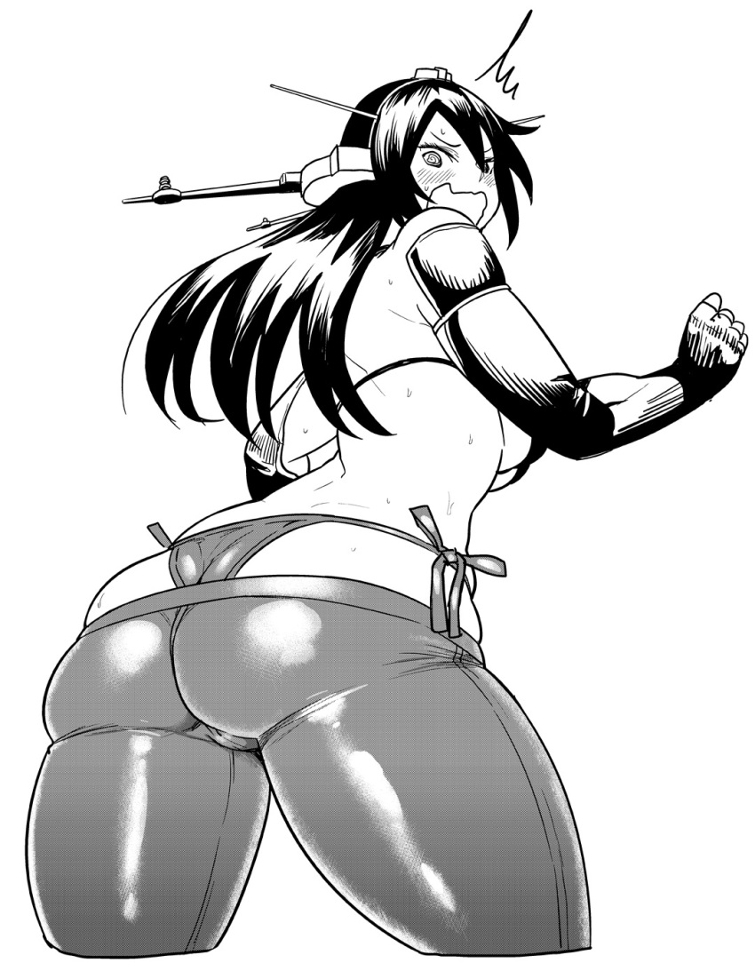 1girl ass blush breasts curvy greyscale headgear huge_ass kantai_collection large_breasts long_hair looking_back monochrome nagato_(kantai_collection) open_mouth panties plump skin_tight solo standing sweat synecdoche thick_thighs thighs thong under_boob underwear whale_tail wide_hips