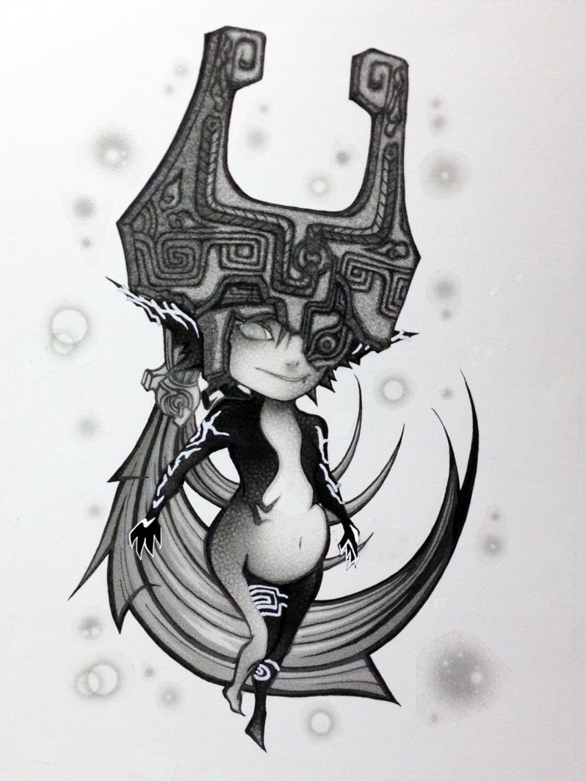 1girl belly imp looking_at_viewer midna monochrome onsenmark0000 pointy_ears the_legend_of_zelda the_legend_of_zelda:_twilight_princess