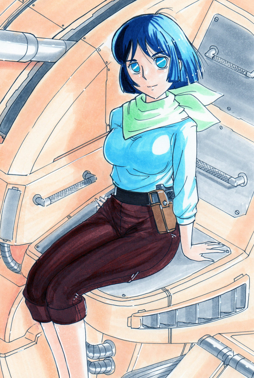 1girl blue_eyes blue_hair breasts capri_pants female gun handgun hayami_jin highres holster large_breasts maria_(xabungle) mecha neckerchief pants pistol scarf sentou_mecha_xabungle short_hair sitting solo sweater weapon