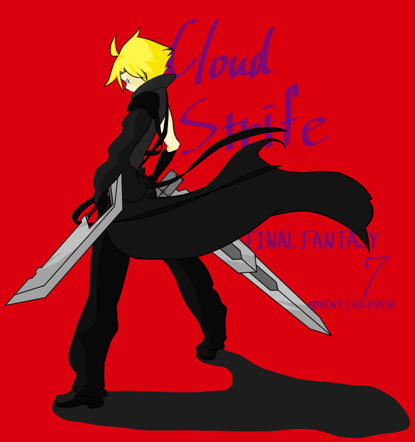 1boy background_text blonde_hair character_name cloud_strife copyright_name final_fantasy final_fantasy_vii from_behind highres male_focus red_background simple_background solo standing sword weapon