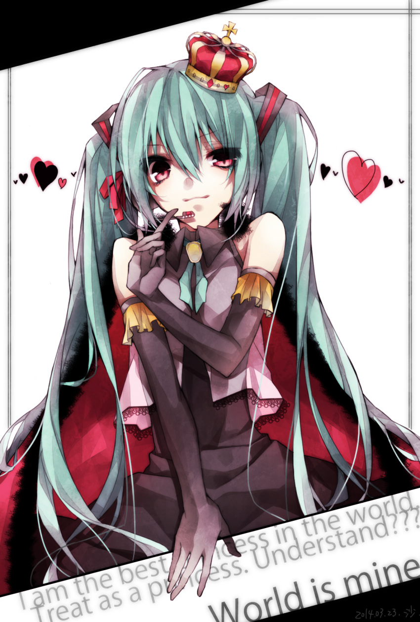0731sa 10s 1girl 2014 aqua_hair bare_shoulders black_gloves crown dated elbow_gloves english gloves hatsune_miku headset heart highres long_hair pink_eyes solo twintails vocaloid world_is_mine_(vocaloid)