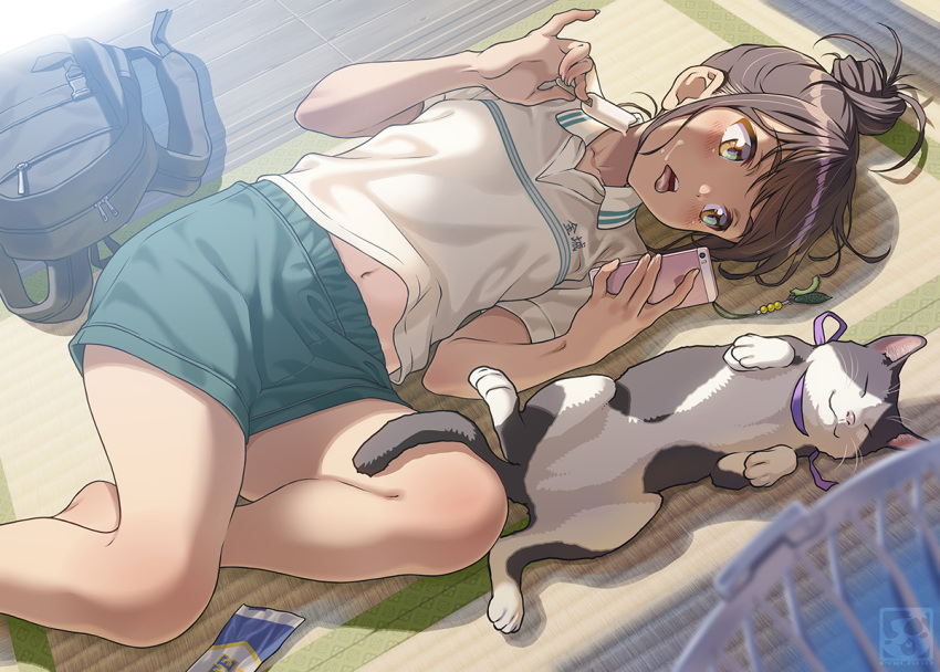 1girl animal backpack backpack_removed bag black_hair blush breasts brown_eyes cat cellphone food gym_uniform hair_bun lying navel on_side open_mouth original pairan phone popsicle shorts smartphone solo tatami teeth tongue tongue_out