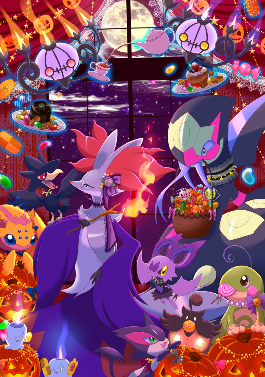 alternate_color basket bow candy chandelure choker cup curtains decorations delphox eating fire galvantula halloween jewelry litwick lollipop maiko_(moko) monocle moon murkrow night night_sky no_humans noibat pokemon politoed pumpkaboo pumpkin purrloin ribbon seviper shiny_pokemon sky stick tea teacup teapot window