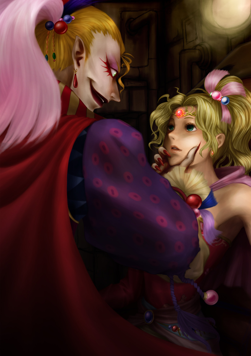 1boy 1girl blonde_hair blue_eyes cape cefca_palazzo earrings eye_contact final_fantasy final_fantasy_vi green_eyes highres jewelry looking_at_another ponytail tiara tina_branford