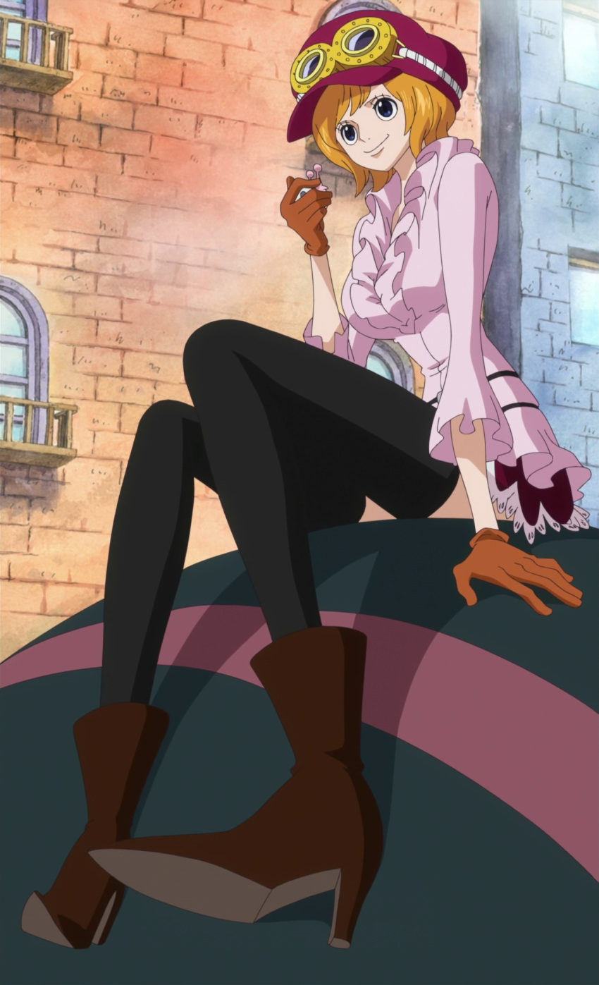 1girl female gloves goggles goggles_on_head hat koala_(one_piece) one_piece screencap short_hair sitting solo stitched thigh-highs