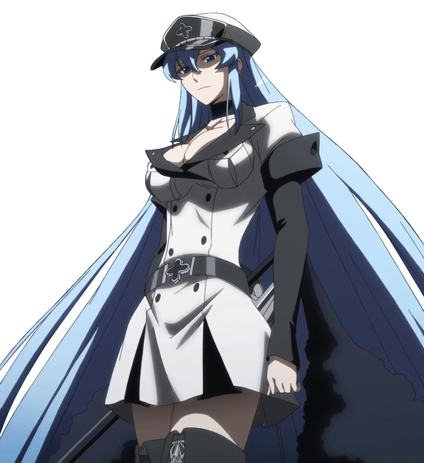 1girl akame_ga_kill! aqua_hair belt blue_eyes blue_hair boots breasts cleavage esdeath hat highres large_breasts legwear long_hair military military_uniform peaked_cap simple_background skirt solo standing sword thigh-highs thigh_boots thighs uniform very_long_hair weapon white_background