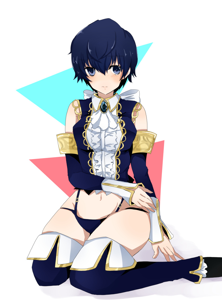 1girl absurdres alternate_costume blush cravat detached_sleeves high-cut_armor highres midriff navel persona persona_4 persona_4_the_golden shirogane_naoto short_hair solo thigh-highs very_short_hair