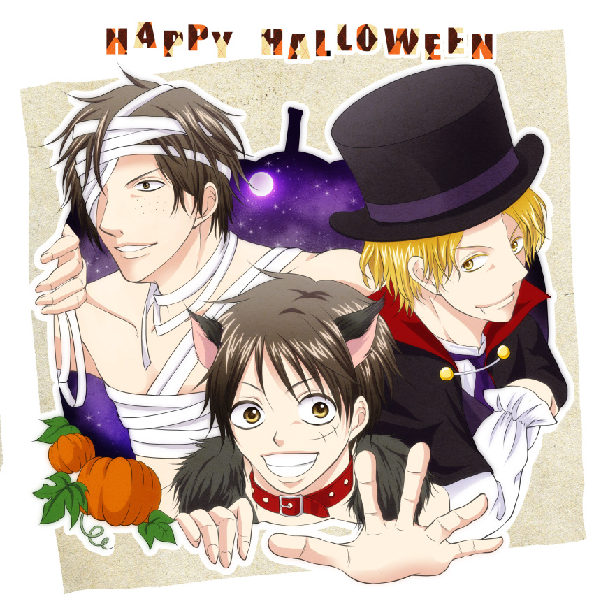 3boys argyle bandage blonde_hair brothers cat_ears collar costume freckles halloween hat highres monkey_d_luffy multiple_boys mummy one_piece portgas_d_ace pumpkin sabo_(one_piece) satomi0403 siblings top_hat trio vampire