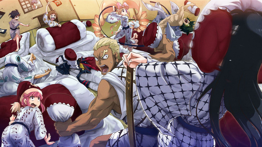 &gt;_&lt; 3boys 4boys 5girls 71 ass barefoot black_hair blonde_hair brown_hair censored closed_eyes convenient_censoring cropped dark_skin drill_hair earrings eyepatch flag futon gamagoori_ira green_hair hair_ornament hairclip hands_on_hilt harime_nui hat highres in_the_face inumuta_houka jakuzure_nonon jewelry kill_la_kill kiryuuin_satsuki letterboxed long_hair looking_back mankanshoku_mako matoi_ryuuko measuring mikisugi_aikurou multicolored_hair multiple_boys multiple_girls muscle open_mouth pillow pillow_fight pink_eyes pink_hair red_eyes redhead sanageyama_uzu senketsu short_hair smile surprised sweatdrop twintails two-tone_hair wallpaper wooden_sword