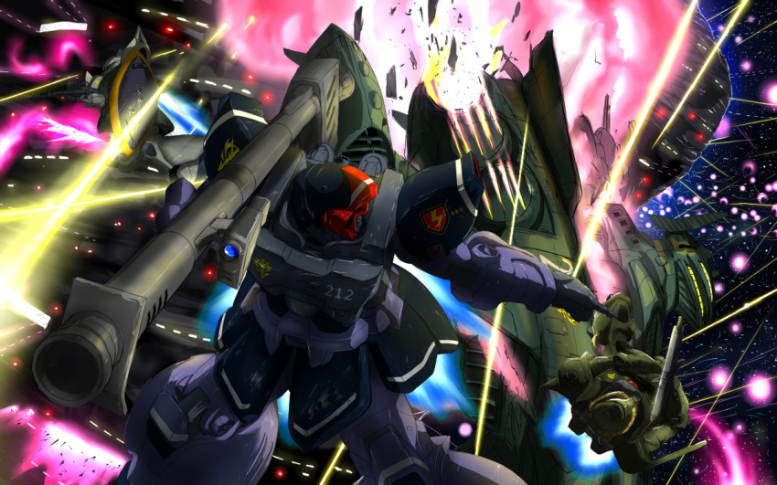 80s battle explosion gelgoog gun gundam gundam_0080 inyucchi mecha mobile_suit_gundam rick_dom_ii rocket_launcher shield space space_craft war weapon zaku zaku_ii zaku_ii_fz_kai