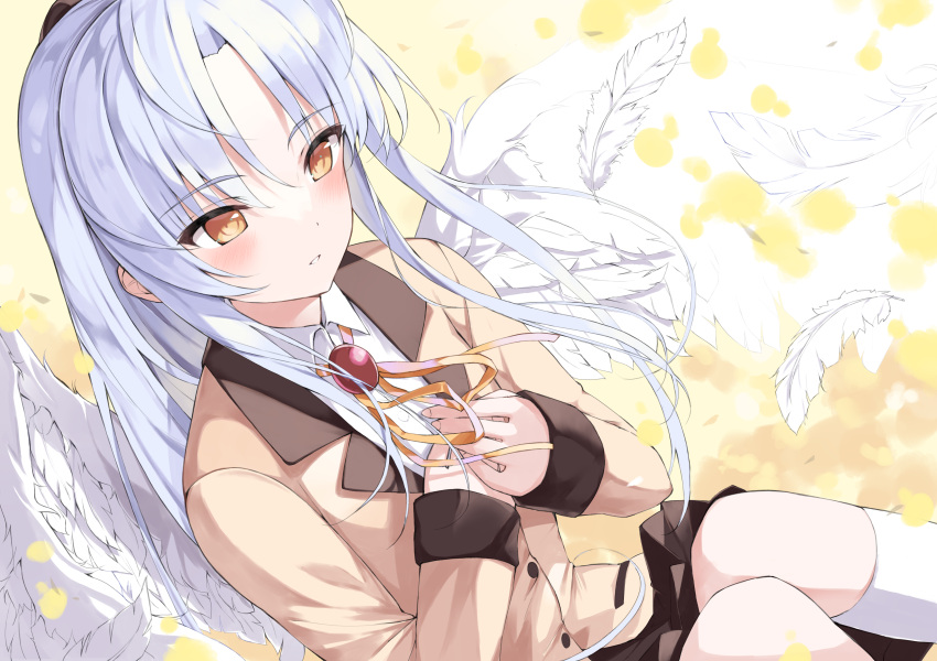 1girl absurdres angel_beats! angel_wings beige_jacket blazer blush brown_skirt collared_shirt feathered_wings grin hands_on_own_chest hands_up happy highres jacket kneehighs knees_together_feet_apart knees_up long_hair looking_at_viewer marie_(pixiv31942978) miniskirt own_hands_together parted_lips partially_unbuttoned pleated_skirt school_uniform shirt silver_hair skirt smile solo tachibana_kanade very_long_hair white_legwear white_shirt white_wings wings yellow_eyes
