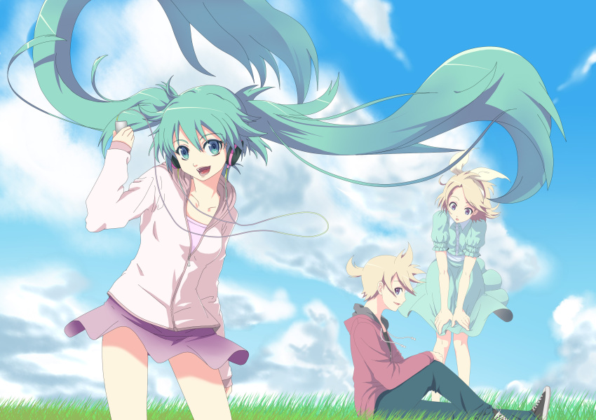 aqua_eyes aqua_hair blonde_hair casual cloud green_hair hair_ribbon hatsune_miku headphones highres hooded_jacket kagamine_len kagamine_rin long_hair ribbon short_hair skirt sky twintails vocaloid wind yooguru