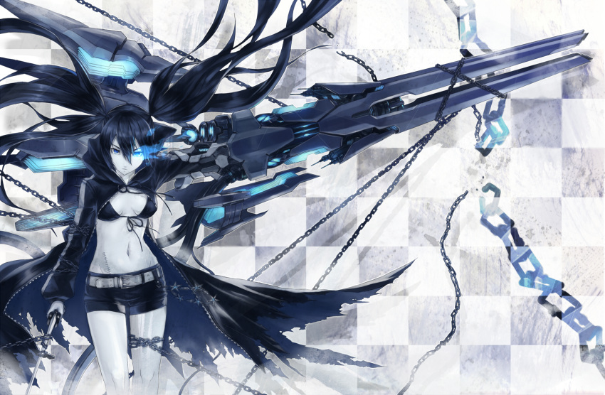 2d arm_cannon belt bikini_top black_hair black_rock_shooter black_rock_shooter_(character) blue_eyes chain checkered denim denim_shorts flat_chest front-tie_top gloves glowing glowing_eyes gun highres hood jacket katana long_hair midriff pale_skin scar short_shorts shorts solo star stitches sword torn_clothes twintails uneven_twintails very_long_hair wallpaper weapon zipper