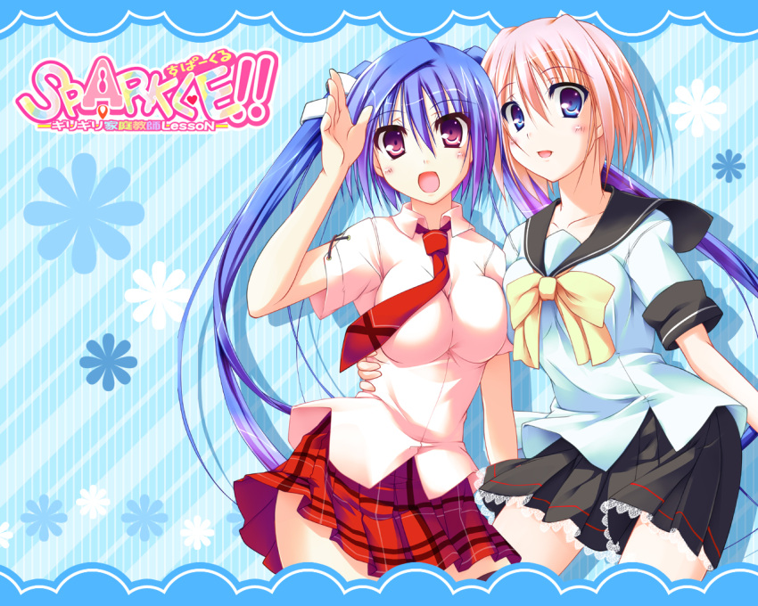 blue_eyes blue_hair blush breast_press breasts collarbone flower hair_ornament impossible_clothes impossible_shirt long_hair multicolored_hair multiple_girls necktie open_mouth orange_hair pink_eyes pink_hair plaid plaid_skirt pleated_skirt purple_eyes purple_hair ribbon ribbons school_uniform seifuku serafuku shirt short_hair skirt smile sparkle!! standing symmetrical_docking t-ray twintails two-tone_hair very_long_hair violet_eyes wallpaper waving