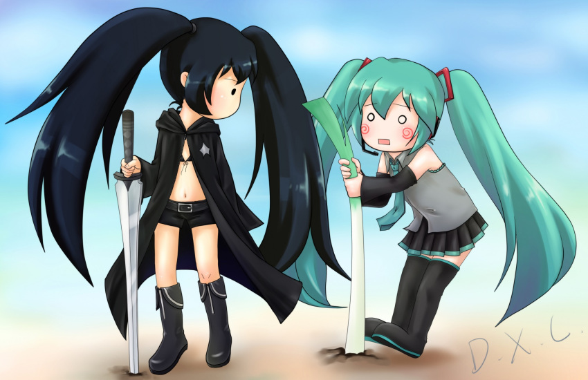 aqua_hair black_hair black_rock_shooter black_rock_shooter_(character) chibi coat hachune_miku hatsune_miku highres long_hair multiple_girls parody spring_onion sword thigh-highs thighhighs twintails vocaloid