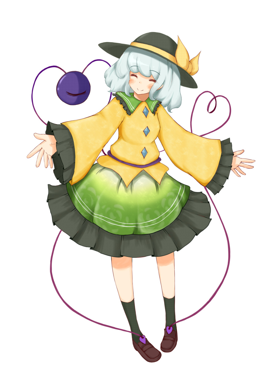 blush closed_eyes eyes green_hair hands happy hat heart heart_of_string highres komeiji_koishi outstretched_arms outstretched_hand ribbon shiro_tsugumi short_hair smile spread_arms touhou transparent_background