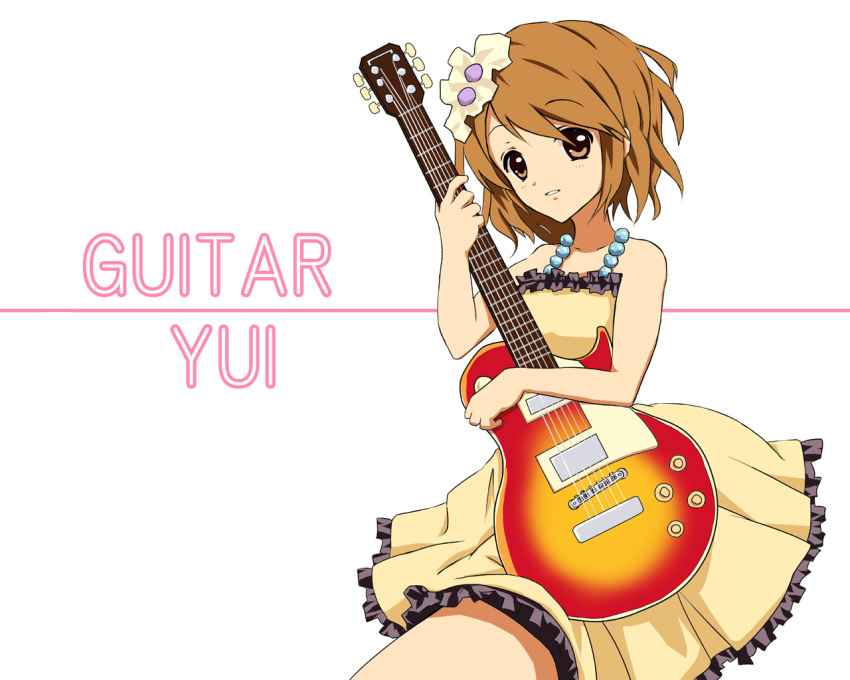 bad_id brown_eyes brown_hair don't_say_"lazy" dress guitar hirasawa_yui instrument k-on! kuroi_hitsuji short_hair solo