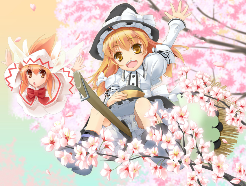 :d :o ashes blonde_hair bloomers bowl broom broom_riding cherry_blossoms flying hat kirisame_marisa lily_white long_hair multiple_girls open_mouth outstretched_arm outstretched_arms raised_hand short_hair smile spread_arms spring_(season) touhou wallpaper wapokichi waving wings witch_hat yellow_eyes