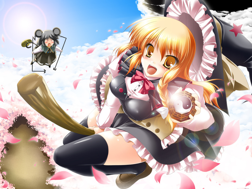 :d :o animal_ears basket black_legwear blonde_hair blush bow breasts broom broom_riding cherry_blossoms cloud dowsing_rod flying glint grey_hair hat highres kamiya_tomoe kirisame_marisa lens_flare loafers long_hair looking_at_viewer mini-hakkero mouse_ears multiple_girls nazrin open_mouth petals red_eyes shoes short_hair sky smile star sun tail thigh-highs thighhighs touhou wallpaper witch_hat yellow_eyes