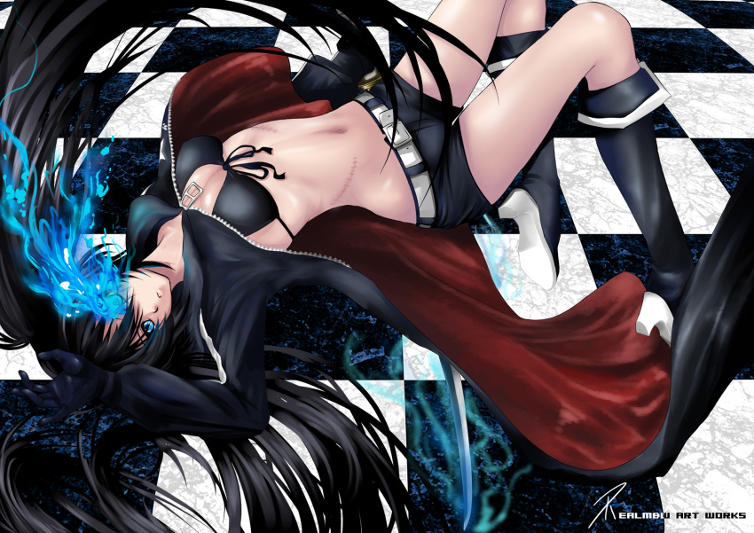 bikini_top black_hair black_rock_shooter black_rock_shooter_(character) blue_eyes boots front-tie_top gloves highres katana long_hair midriff navel realmbw scar shorts solo swimsuit sword twintails weapon