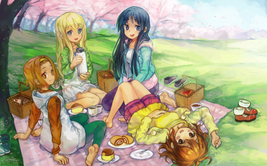 akiyama_mio barefoot black_hair blonde_hair blue_eyes brown_eyes brown_hair cake cherry_blossoms cup dress food grass hair_ornament hairband hanami highres hirasawa_yui janemere k-on! kneeling kotobuki_tsumugi laughing long_hair lying multiple_girls orange_eyes outdoors pastry picnic picnic_basket pudding short_hair sitting smile tainaka_ritsu thermos tree