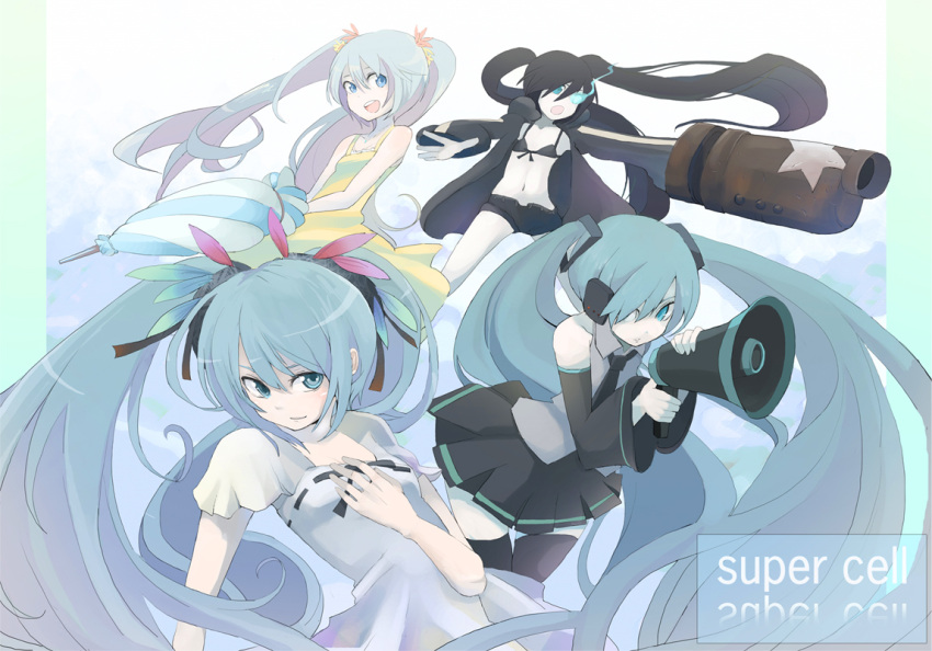 black_hair black_rock_shooter black_rock_shooter_(character) blue_eyes blue_hair hair_ornament hatsune_miku headphones headset koi_wa_sensou_(vocaloid) long_hair megaphone melt_(vocaloid) skirt tansuke thighhighs twintails umbrella very_long_hair vocaloid weapon world_is_mine_(vocaloid)