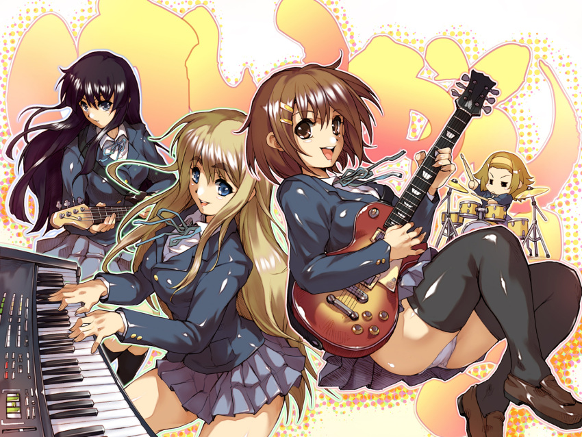 :&lt; =_= akiyama_mio band bass black_eyes black_hair blazer blonde_hair blue_eyes brown_eyes brown_hair drum drum_set drums guitar highres hirasawa_yui hisahiko instrument k-on! kotobuki_tsumugi long_hair multiple_girls panties pantyshot piano school_uniform seifuku short_hair synthesizer tainaka_ritsu thighhighs underwear upskirt