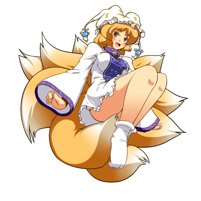 :d bad_id blonde_hair fox_tail hat highres legs multiple_tails open_mouth short_dress short_hair smile socks suetsuki suetsuki_nagomu tail touhou transparent_background yakumo_ran yellow_eyes