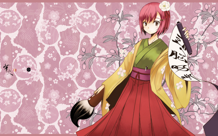 artist_request calligraphy_brush flower giant_brush hair_flower hair_ornament hieda_no_akyu hieda_no_akyuu highres japanese_clothes paintbrush pink_hair scroll short_hair takaharu touhou wallpaper