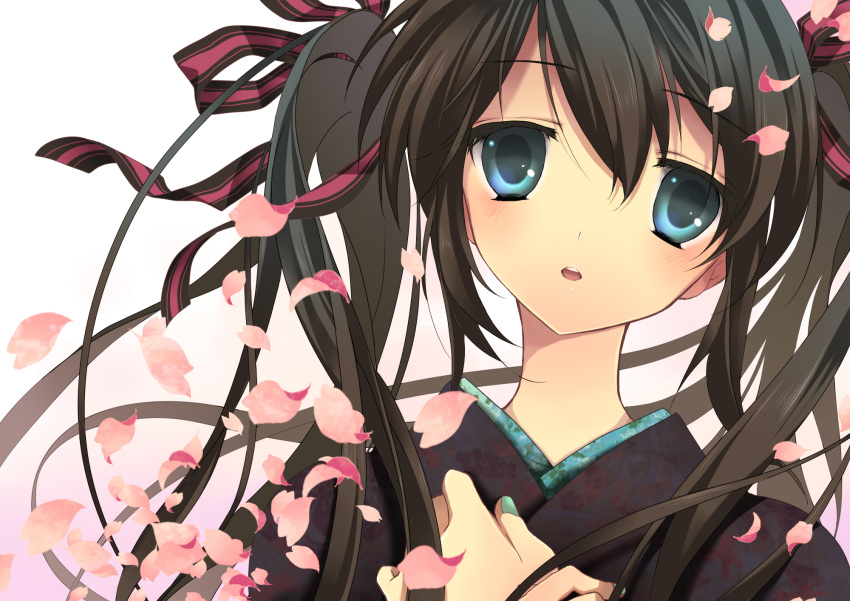 black_hair bow hair_ribbon hatsune_miku highres japanese_clothes kimono lace long_hair petals ribbon ribbons sakura_neko twintails vector vocaloid