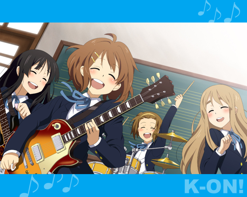 akiyama_mio band black_hair blonde_hair brown_hair closed_eyes drum drum_set guitar hirasawa_yui instrument k-on! kotobuki_tsumugi long_hair multiple_girls school_uniform short_hair sumii_(fumiki7) synthesizer tainaka_ritsu wallpaper