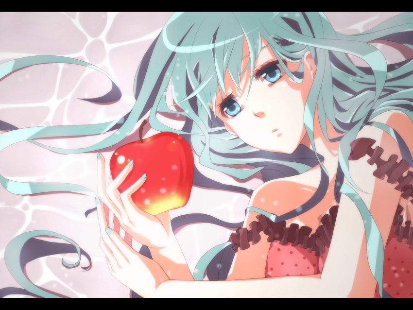 apple aqua_hair blue_eyes camisole food fruit hatsune_miku highres holding holding_fruit lying mukkun on_side romeo_and_cinderella_(vocaloid) romeo_to_cinderella_(vocaloid) vocaloid