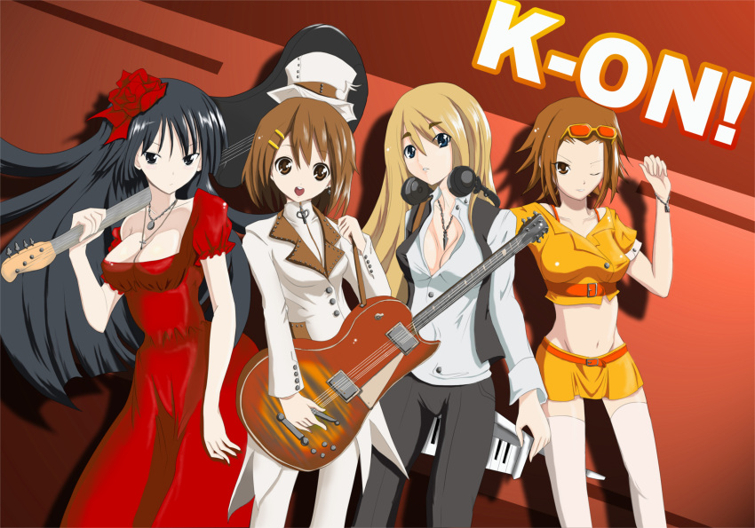 adult akiyama_mio bass_guitar black_eyes black_hair breasts brown_eyes brown_hair cleavage dress guitar hat headphones headphones_around_neck highres hirasawa_yui instrument k-on! kotobuki_tsumugi long_hair mi_ti midriff multiple_girls short_hair sunglasses synthesizer tainaka_ritsu thighhighs top_hat