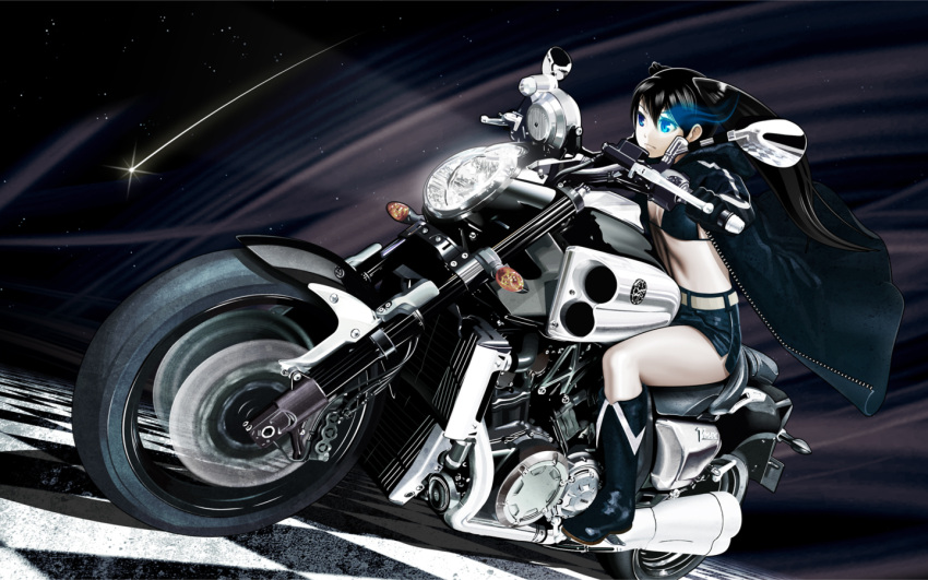 black_hair black_rock_shooter black_rock_shooter_(character) blue_eyes boots driving glowing_eye long_hair motor_vehicle motorcycle night norihiko shorts twintails vehicle wallpaper yamaha yamaha_v-max