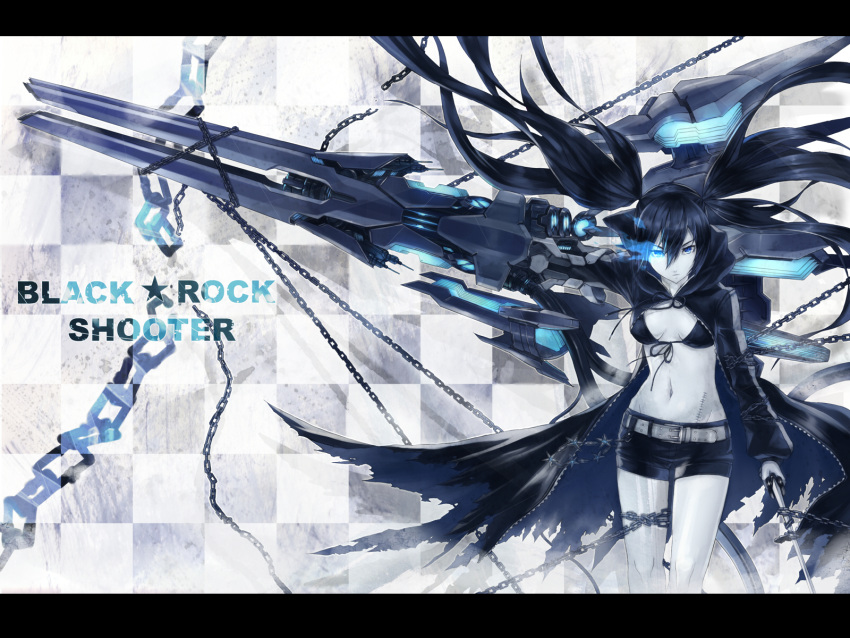 2d arm_cannon belt bikini_top black_hair black_rock_shooter black_rock_shooter_(character) blue_eyes chain checkered denim denim_shorts flat_chest front-tie_top gloves glowing glowing_eyes highres hood jacket katana long_hair midriff pale_skin scar shorts solo star stitches sword torn_clothes twintails uneven_twintails very_long_hair wallpaper weapon zipper