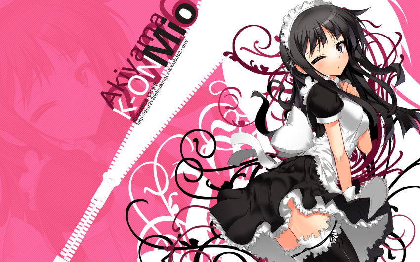 akiyama_mio alternate_costume black_hair blush char enmaided face garters highres k-on! lingerie long_hair looking_back maid maid_headdress petticoat solo thigh-highs thighhighs underwear wallpaper wink