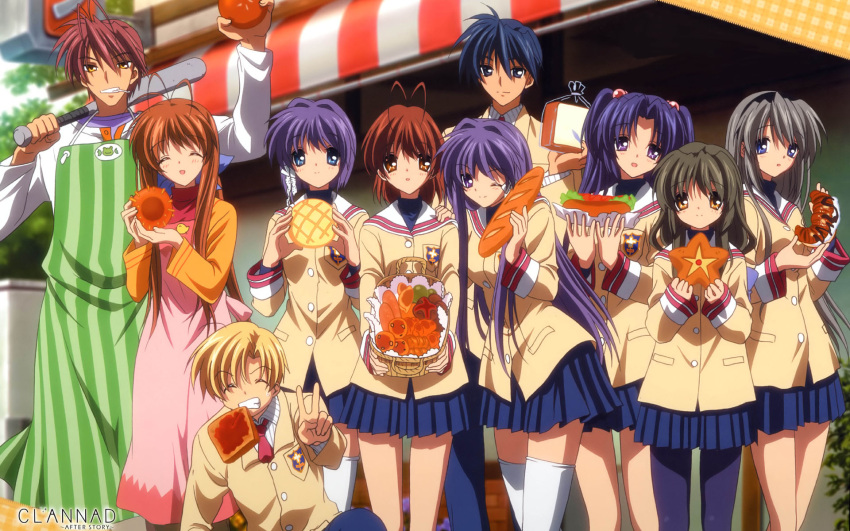 clannad food fujibayashi_kyou fujibayashi_ryou furukawa_akio furukawa_nagisa furukawa_sanae group_picture ibuki_fuuko ichinose_kotomi official_art okazaki_tomoya sakagami_tomoyo sunohara_youhei toast_in_mouth winter_uniform