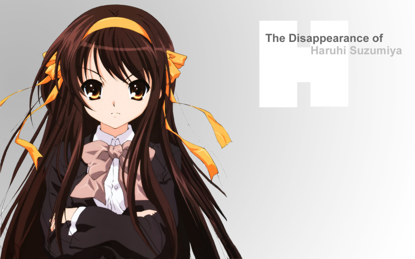 alternate_costume alternate_hairstyle blazer brown_eyes brown_hair hairband highres long_hair ribbon suzumiya_haruhi suzumiya_haruhi_no_shoushitsu suzumiya_haruhi_no_yuuutsu wallpaper