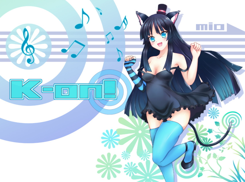 akiyama_mio animal_ears bare_shoulders blue_eyes cat_ears cat_tail catgirl don't_say_"lazy" dress greave_(artist) hat k-on! long_hair mini_top_hat solo tail thighhighs top_hat