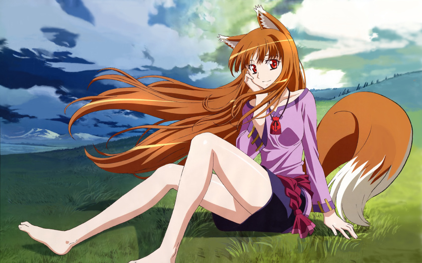 animal_ears barefoot brown_hair cloud feet grass highres holo long_hair outdoors red_eyes sky smile spice_and_wolf tail wallpaper wolf_ears