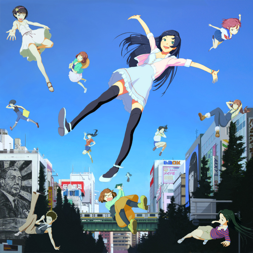 akihabara_(tokyo) city flying hands highres legs glasses nababa original shorts sky thigh-highs thighhighs tokyo_(city)