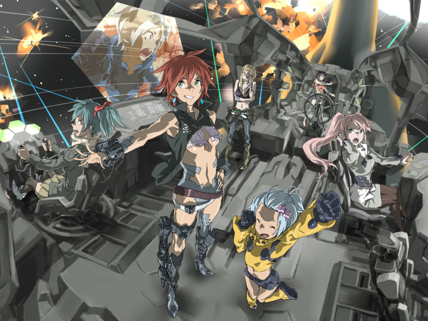 barrier battle boots breasts child cyborg explosion fire flat_chest happy machine monitor original shorts space space_craft technology thighhighs underboob